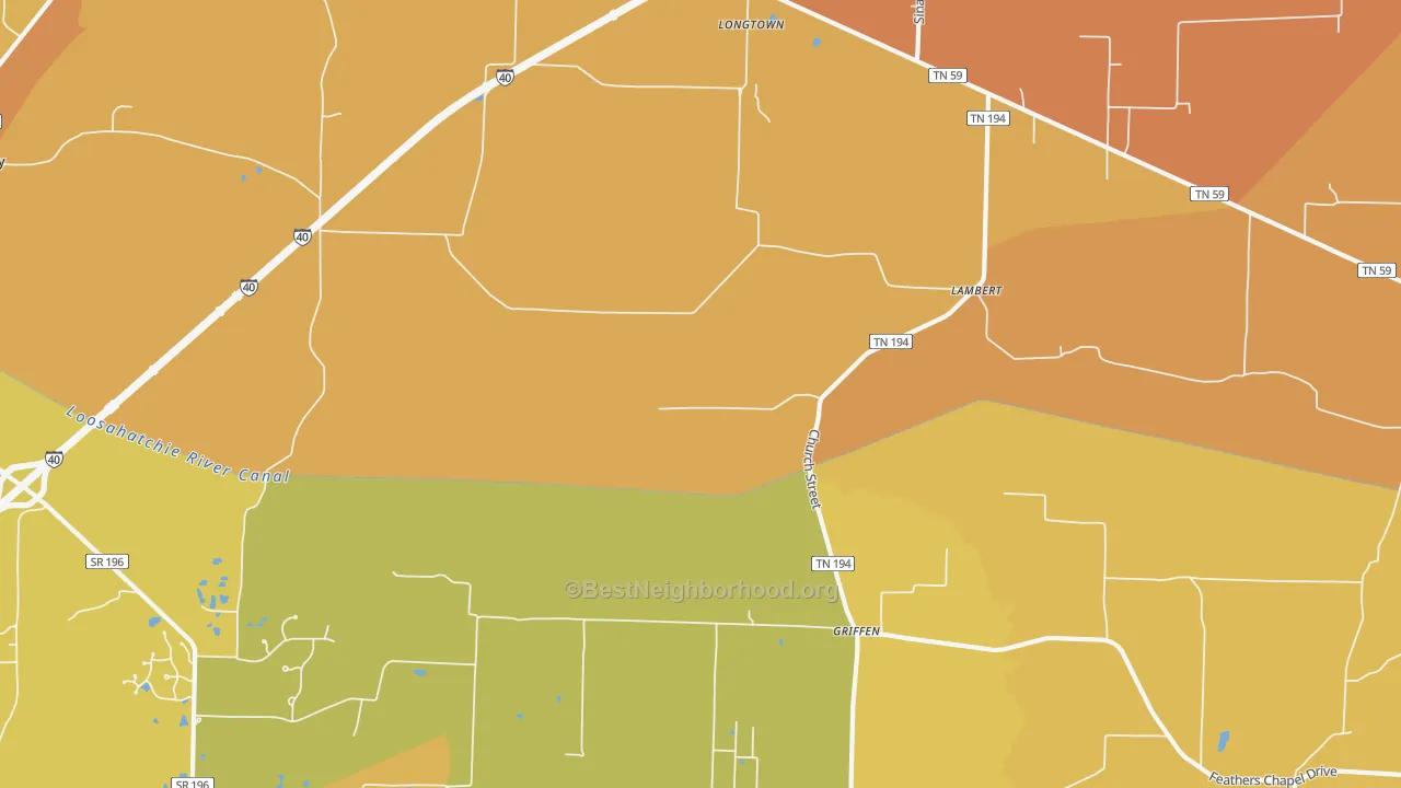 Map of the best neighborhoods in the Braden area, with better matches in green and worse matches in red
