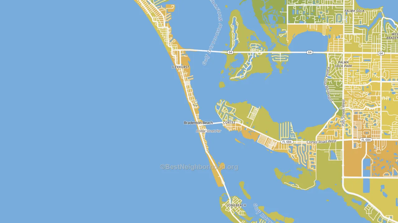Map of the best neighborhoods in the Bradenton Beach area, with better matches in green and worse matches in red