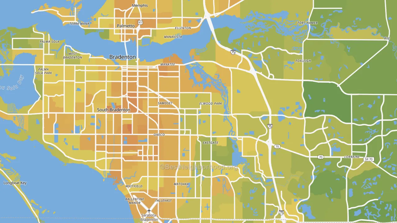 Map of the best neighborhoods in the Bradenton area, with better matches in green and worse matches in red