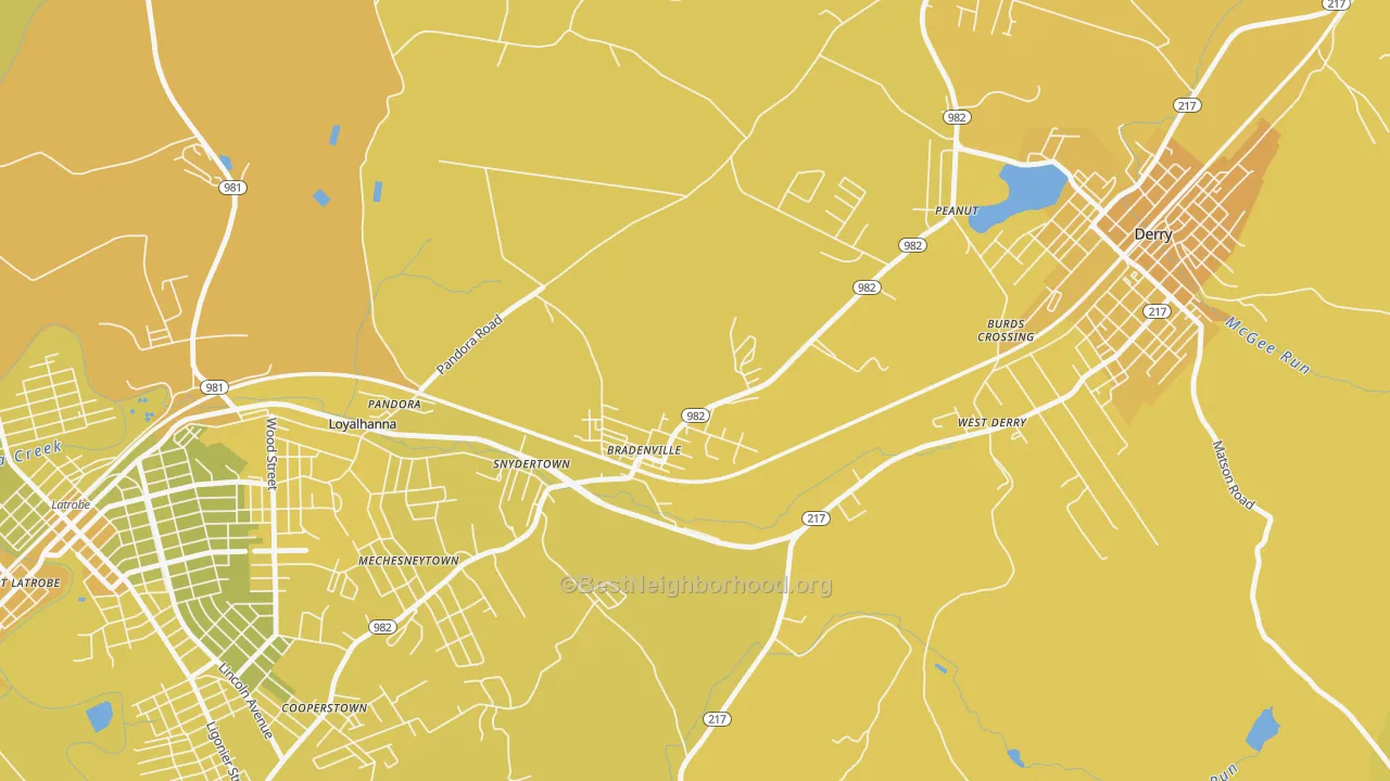Map of the best neighborhoods in the Bradenville area, with better matches in green and worse matches in red