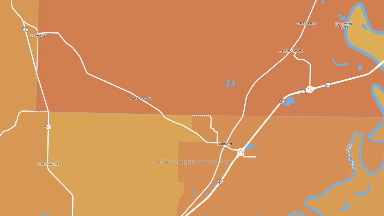 Map of the best neighborhoods in the Bradford area, with better matches in green and worse matches in red