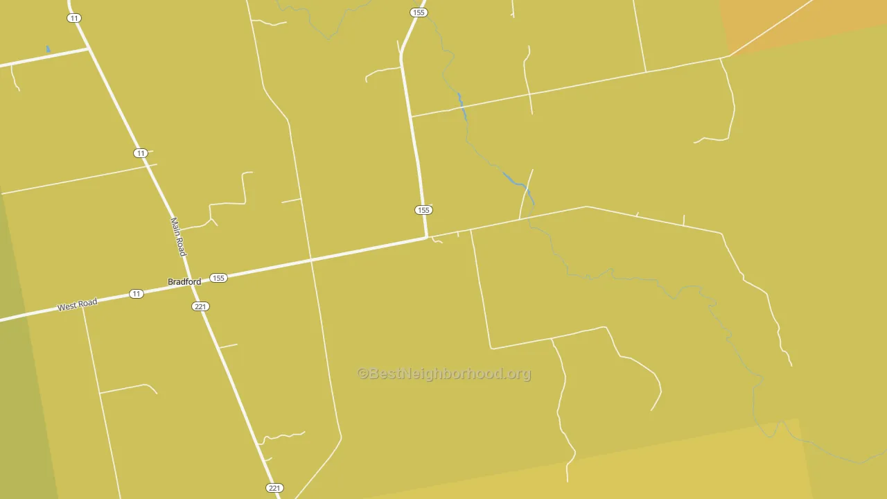 Map of the best neighborhoods in the Bradford Center area, with better matches in green and worse matches in red