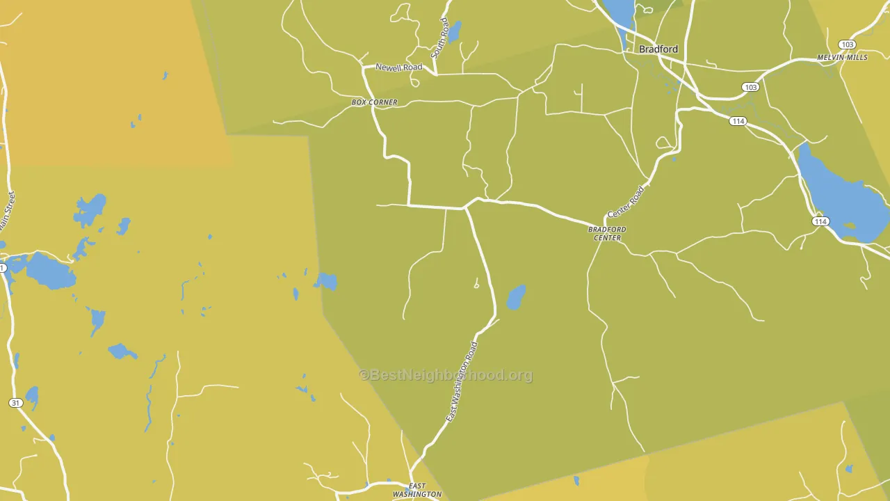 Map of the best neighborhoods in the Bradford Center area, with better matches in green and worse matches in red