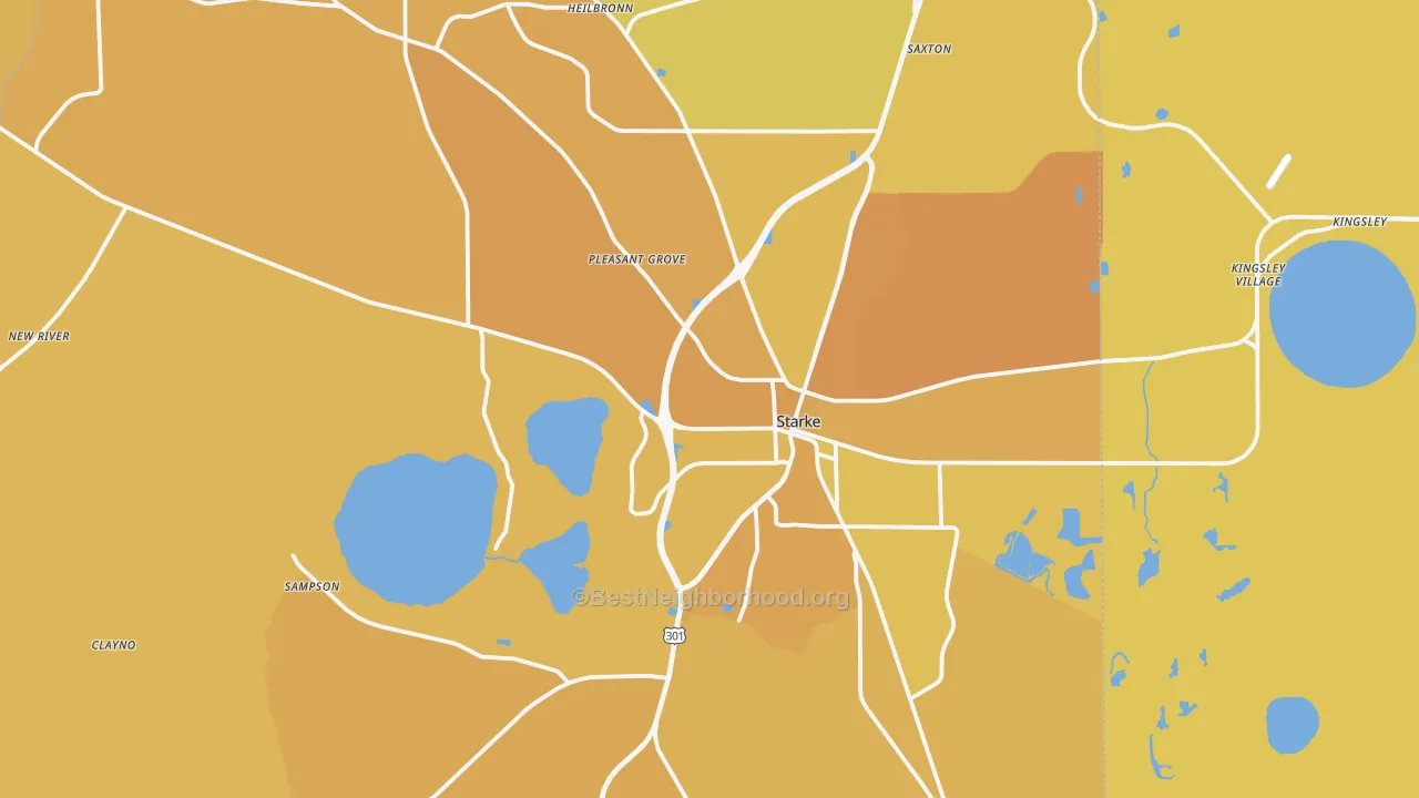 Map of the best neighborhoods in the Bradford County area, with better matches in green and worse matches in red