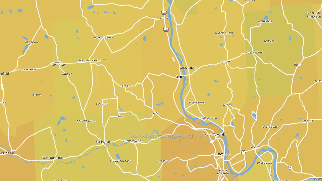 Map of the best neighborhoods in the Bradford County area, with better matches in green and worse matches in red