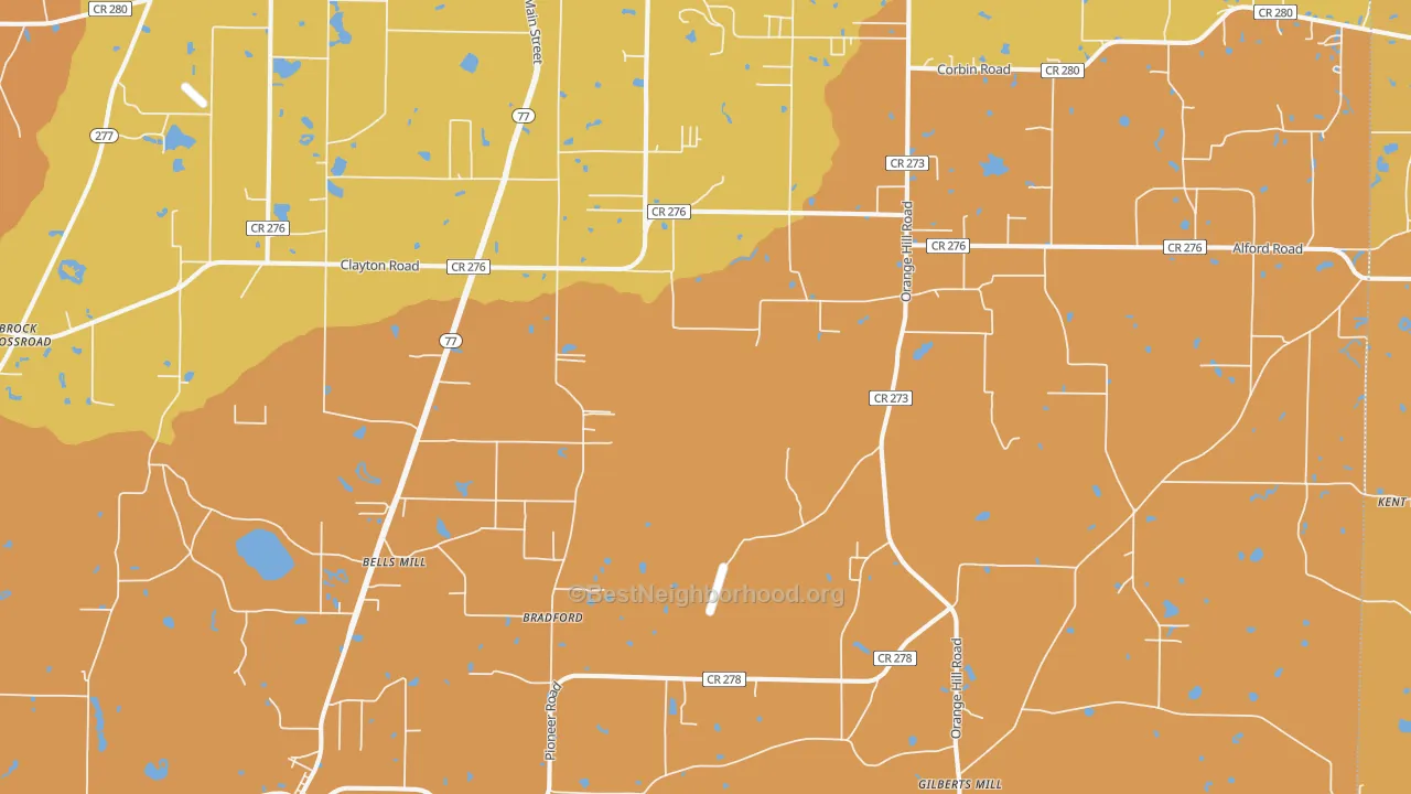 Map of the best neighborhoods in the Bradford area, with better matches in green and worse matches in red