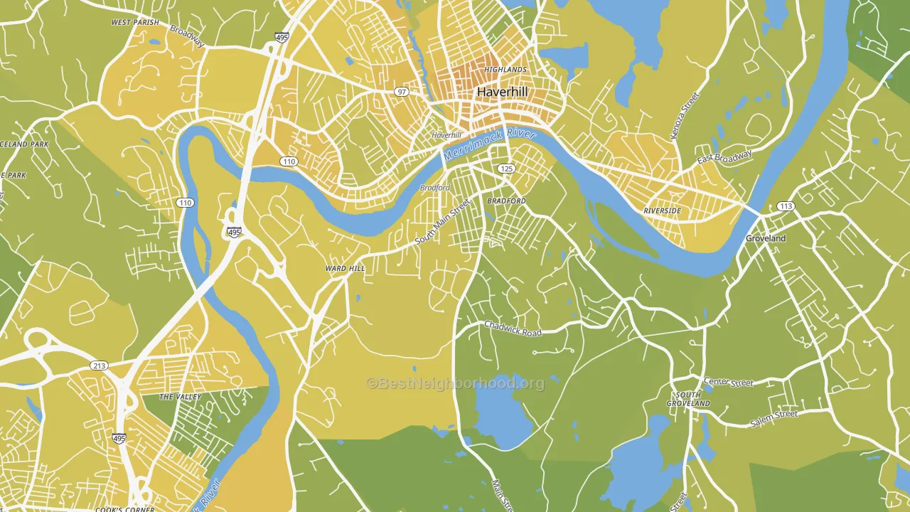 Map of the best neighborhoods in the Bradford, Haverhill area, with better matches in green and worse matches in red