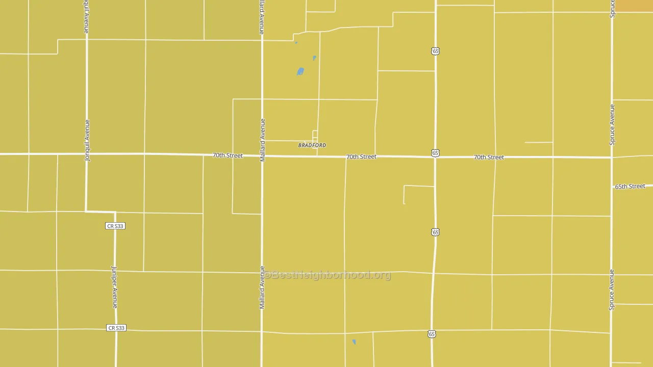 Map of the best neighborhoods in the Bradford area, with better matches in green and worse matches in red
