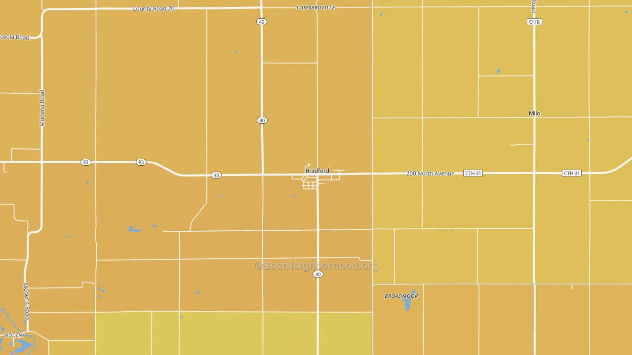Map of the best neighborhoods in the Bradford area, with better matches in green and worse matches in red