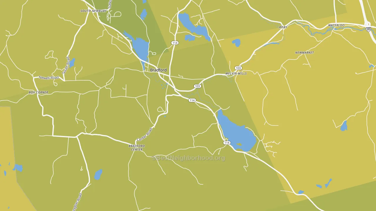 Map of the best neighborhoods in the Bradford area, with better matches in green and worse matches in red
