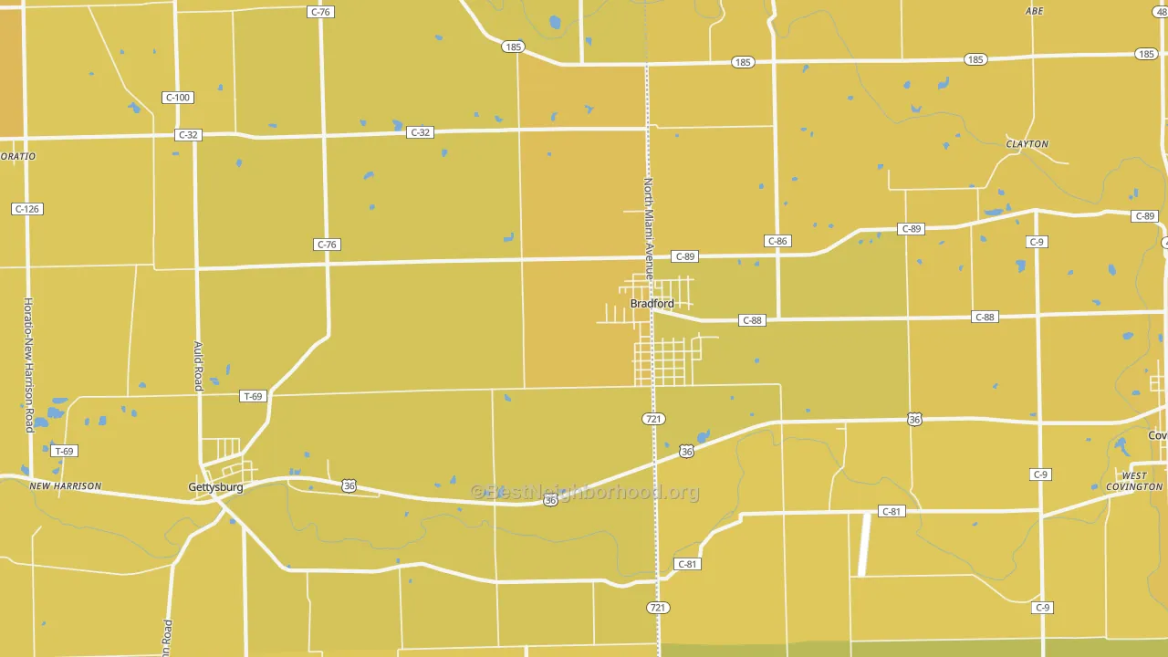Map of the best neighborhoods in the Bradford area, with better matches in green and worse matches in red
