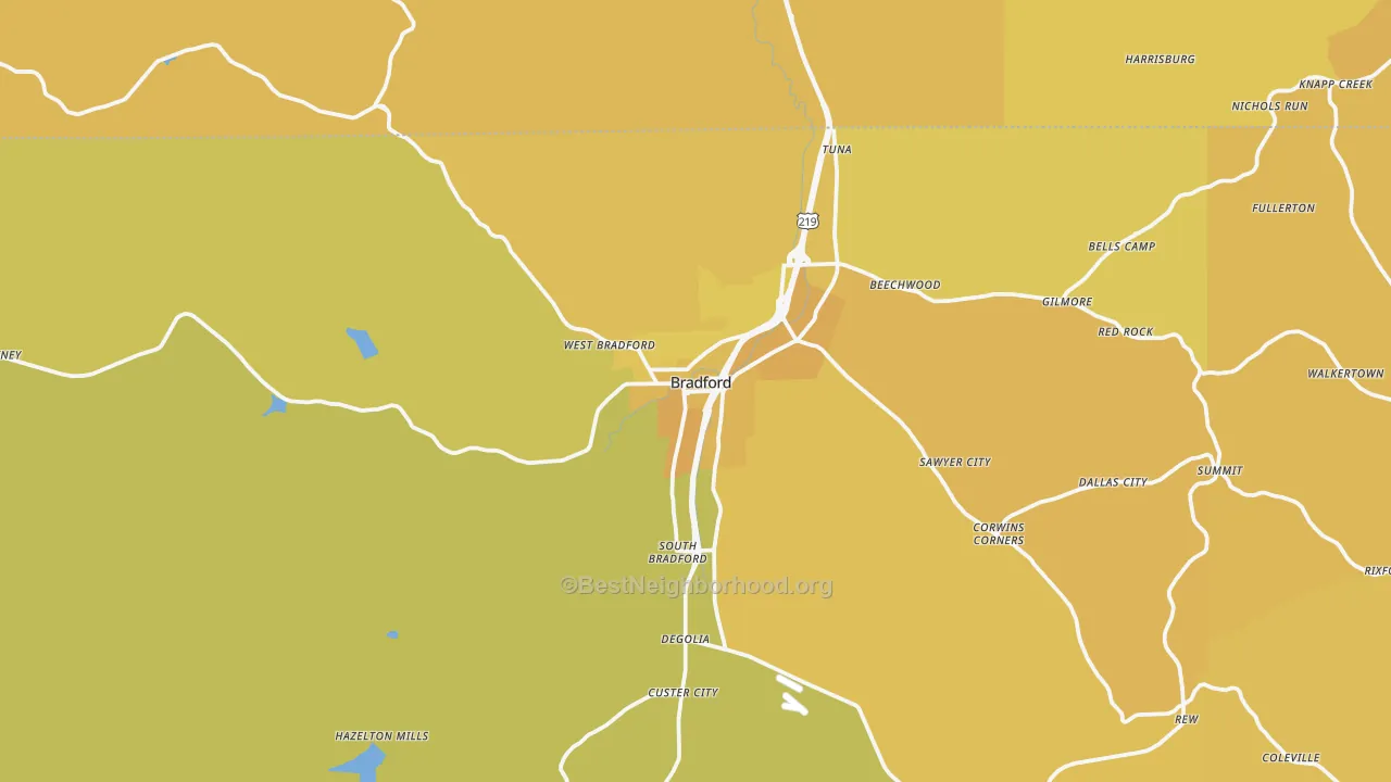 Map of the best neighborhoods in the Bradford area, with better matches in green and worse matches in red