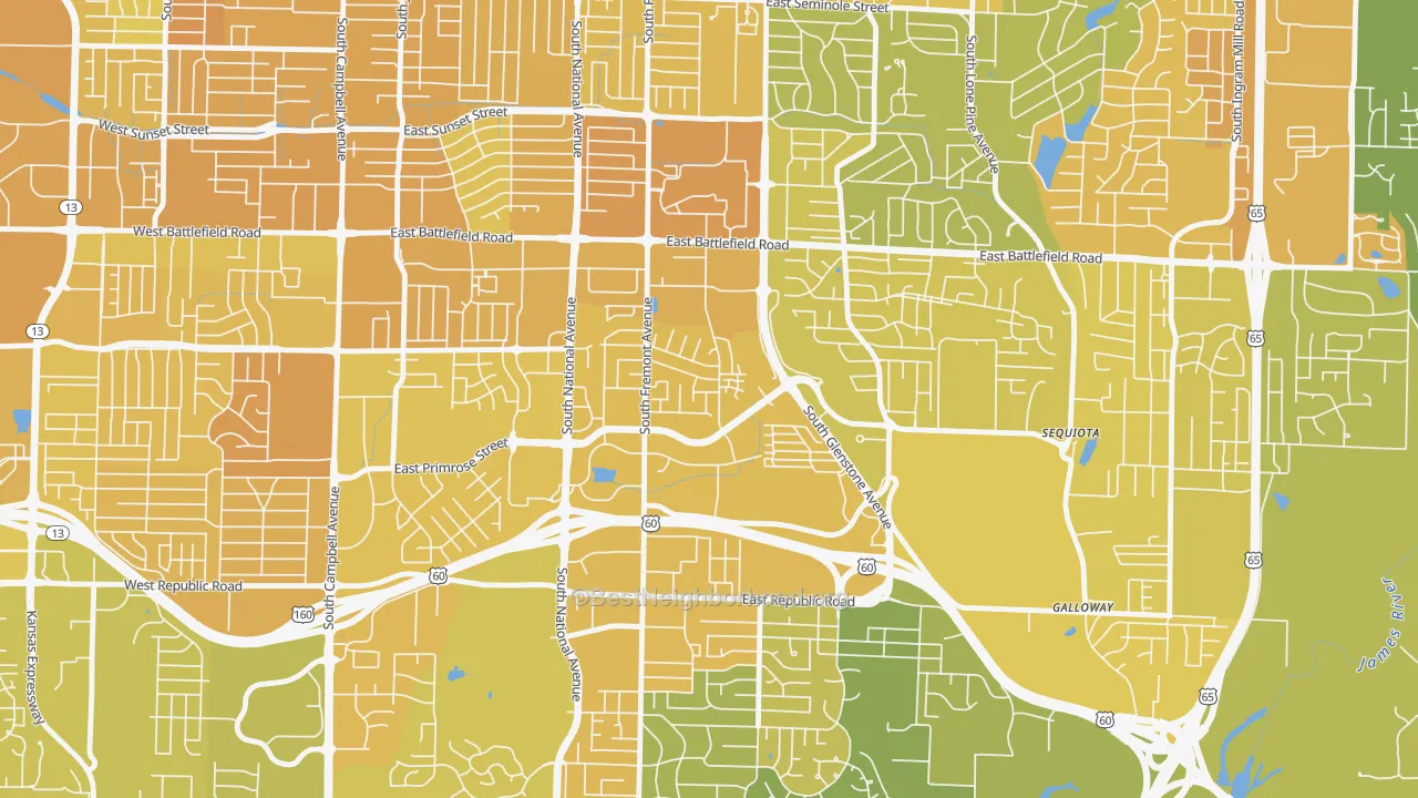 Map of the best neighborhoods in the Bradford Park, Springfield area, with better matches in green and worse matches in red