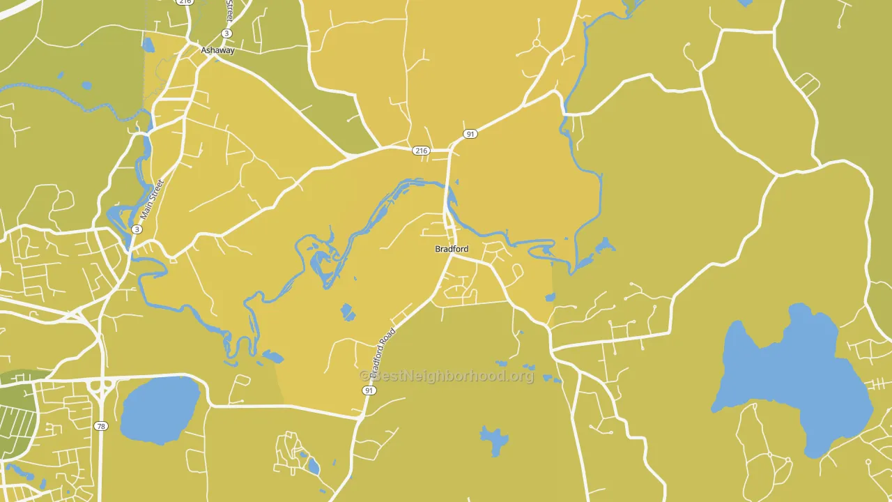 Map of the best neighborhoods in the Bradford area, with better matches in green and worse matches in red