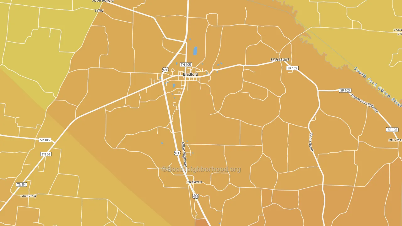 Map of the best neighborhoods in the Bradford area, with better matches in green and worse matches in red