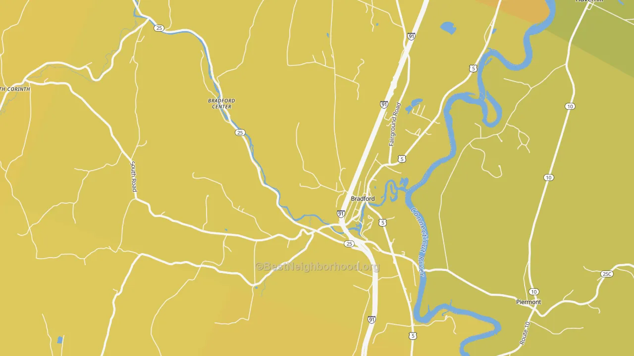 Map of the best neighborhoods in the Bradford area, with better matches in green and worse matches in red