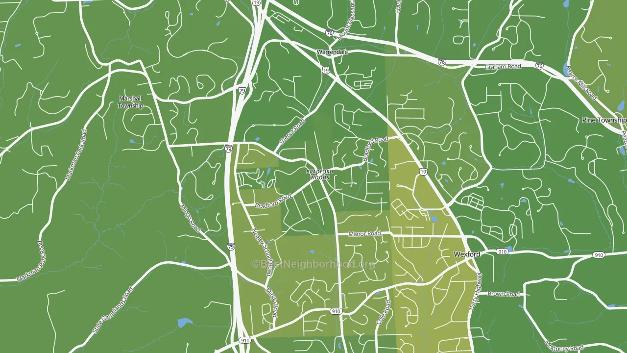 Map of the best neighborhoods in the Bradford Woods area, with better matches in green and worse matches in red