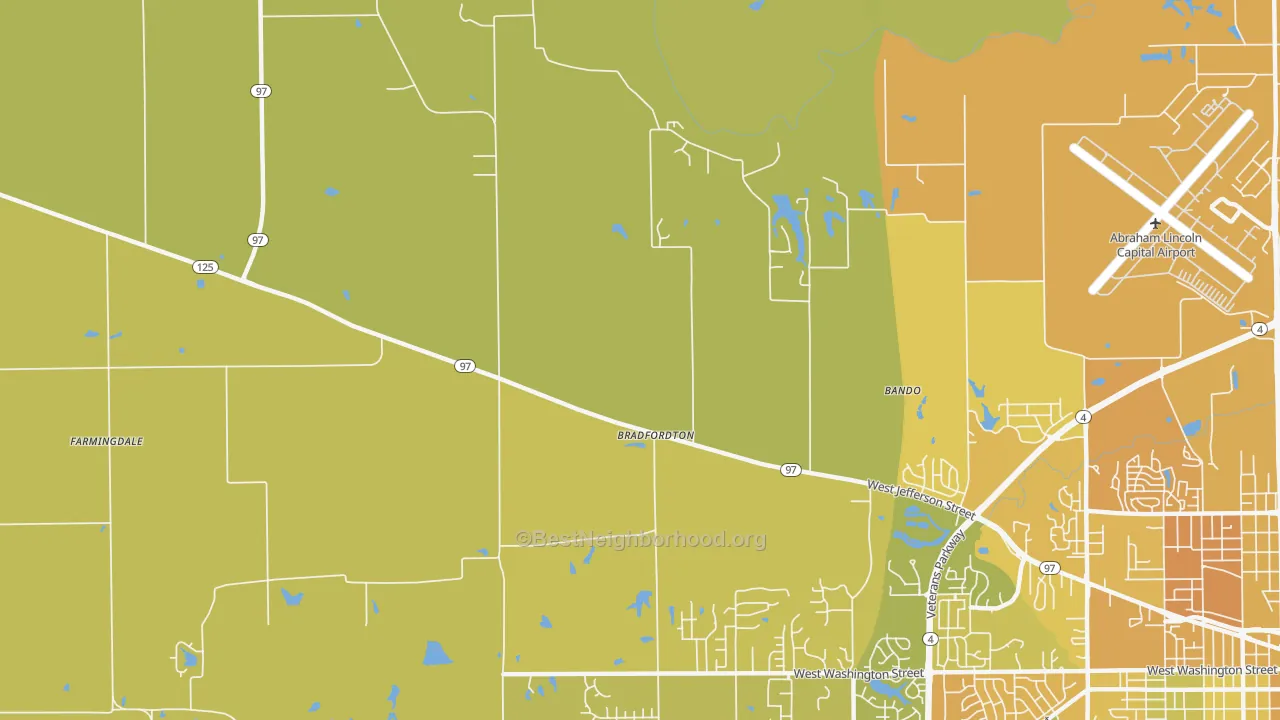 Map of the best neighborhoods in the Bradfordton area, with better matches in green and worse matches in red
