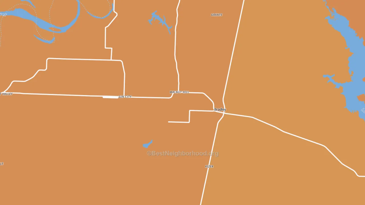 Map of the best neighborhoods in the Bradley area, with better matches in green and worse matches in red