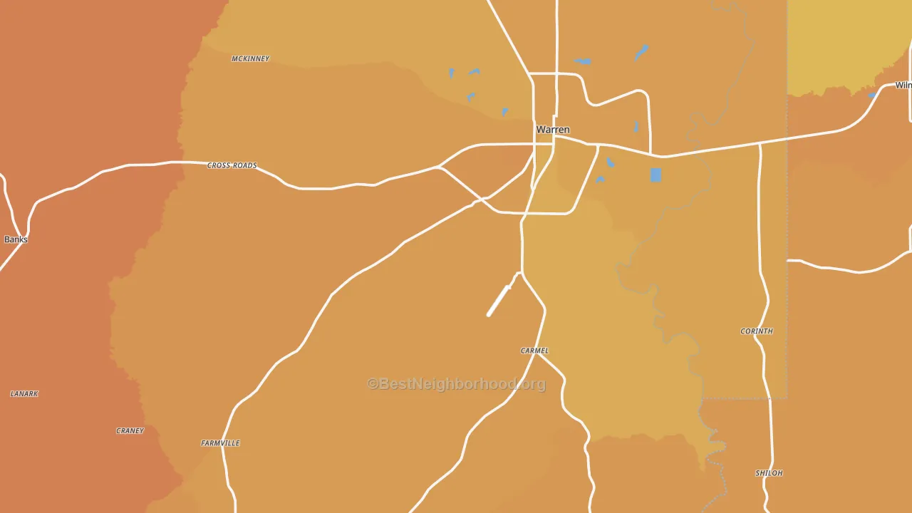 Map of the best neighborhoods in the Bradley County area, with better matches in green and worse matches in red