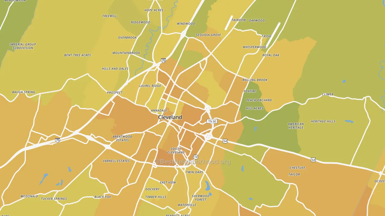 Map of the best neighborhoods in the Bradley County area, with better matches in green and worse matches in red