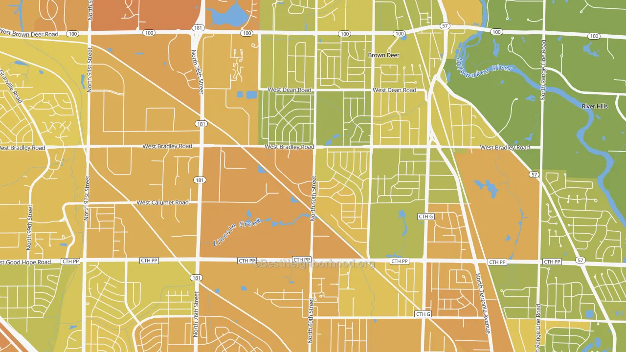 Map of the best neighborhoods in the Bradley Estates, Milwaukee area, with better matches in green and worse matches in red