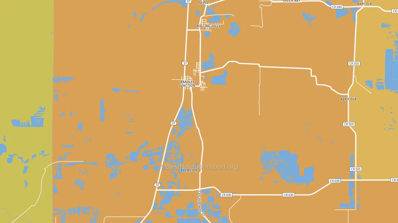 Map of the best neighborhoods in the Bradley area, with better matches in green and worse matches in red