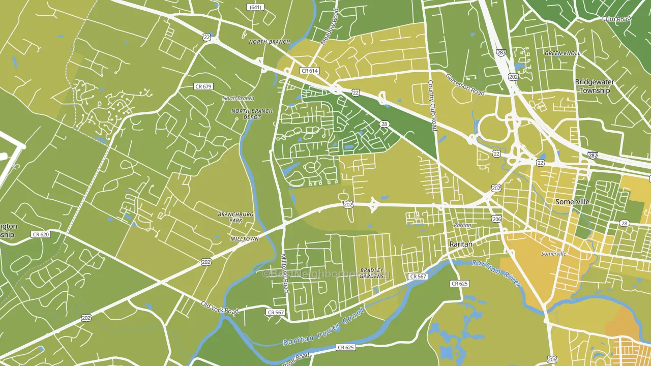 Map of the best neighborhoods in the Bradley Gardens area, with better matches in green and worse matches in red