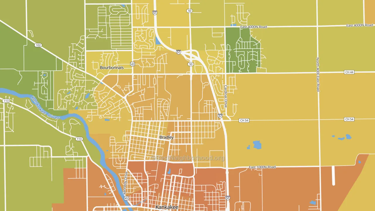 Map of the best neighborhoods in the Bradley area, with better matches in green and worse matches in red