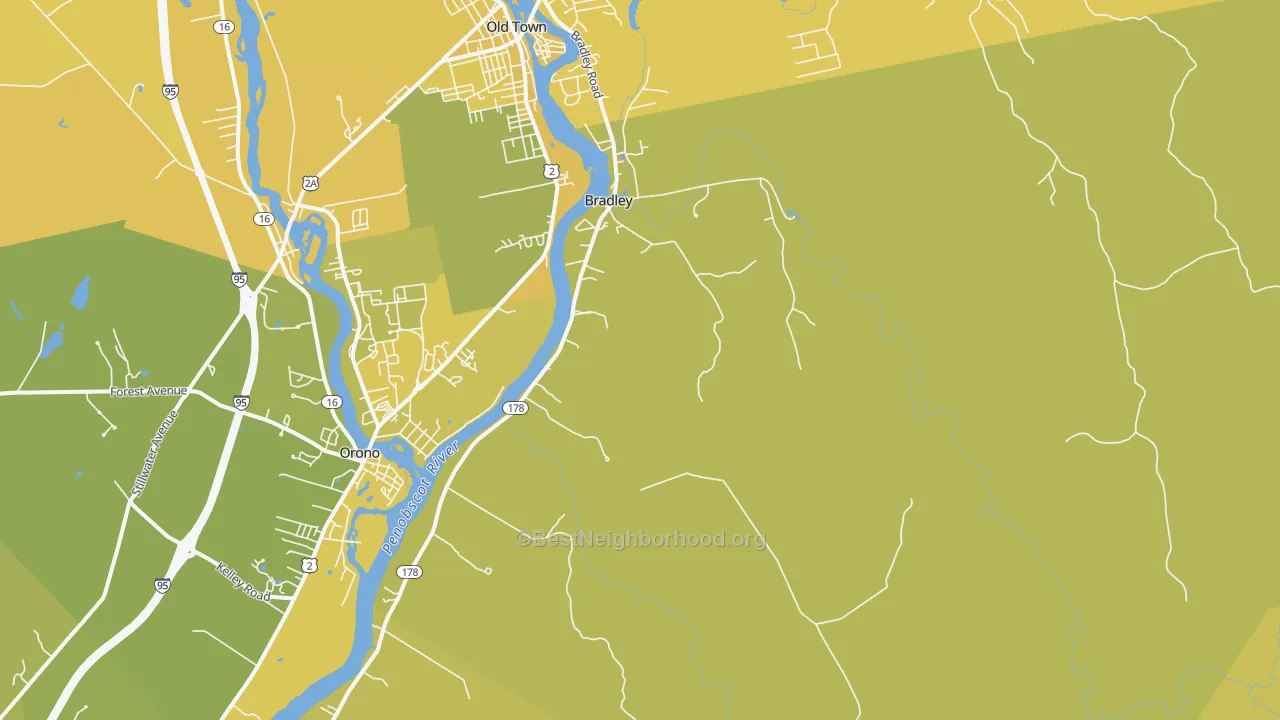 Map of the best neighborhoods in the Bradley area, with better matches in green and worse matches in red