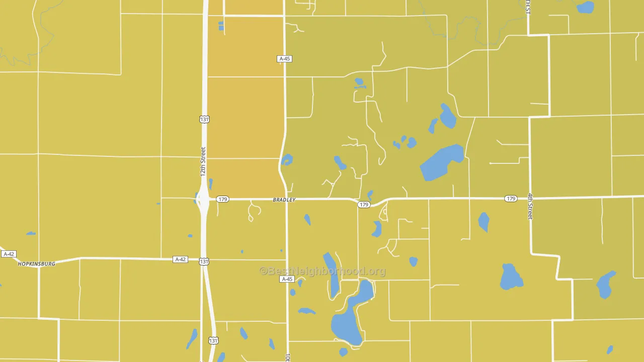 Map of the best neighborhoods in the Bradley area, with better matches in green and worse matches in red