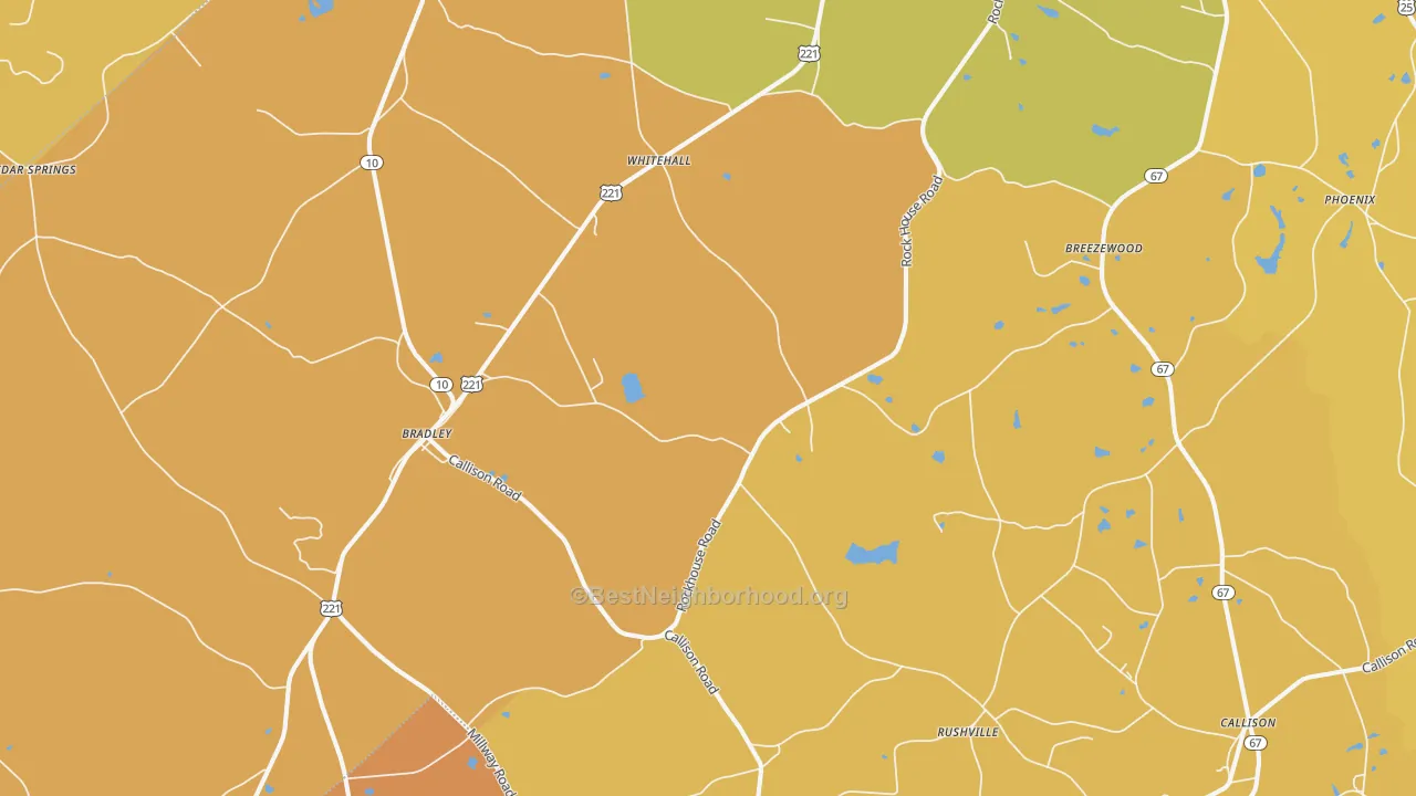 Map of the best neighborhoods in the Bradley area, with better matches in green and worse matches in red