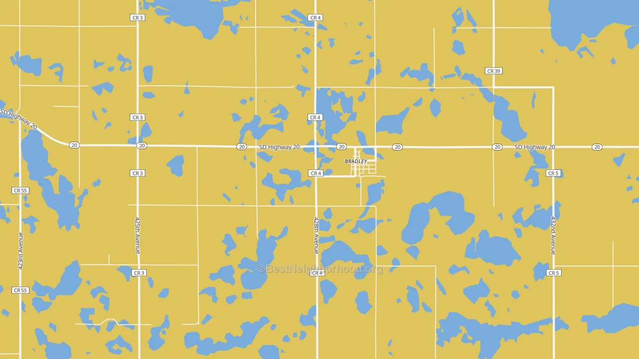 Map of the best neighborhoods in the Bradley area, with better matches in green and worse matches in red
