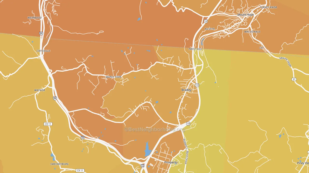 Map of the best neighborhoods in the Bradley area, with better matches in green and worse matches in red
