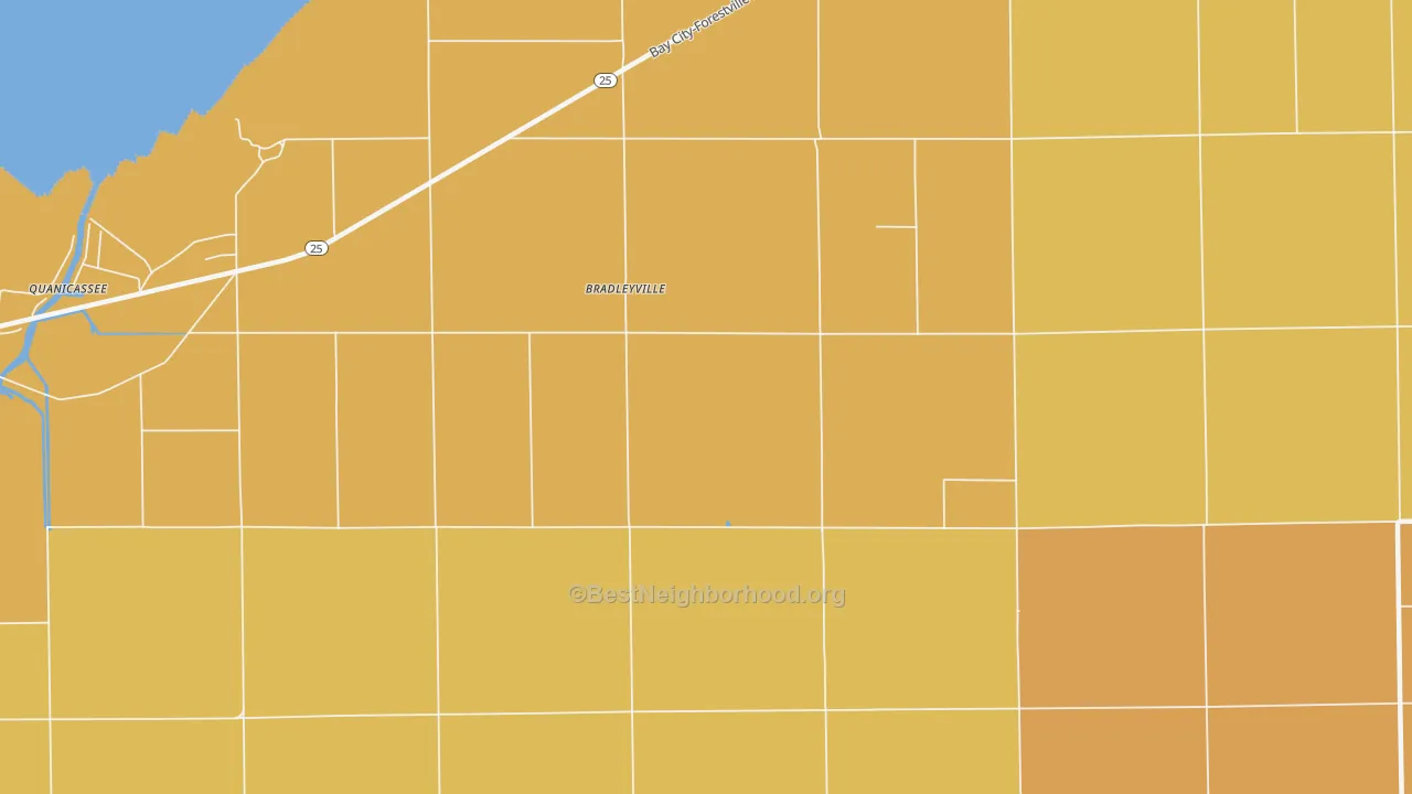 Map of the best neighborhoods in the Bradleyville area, with better matches in green and worse matches in red