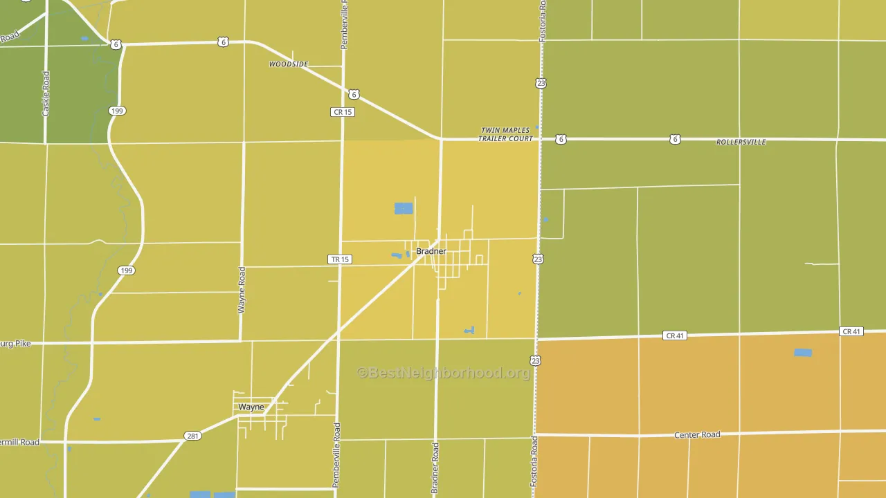 Map of the best neighborhoods in the Bradner area, with better matches in green and worse matches in red