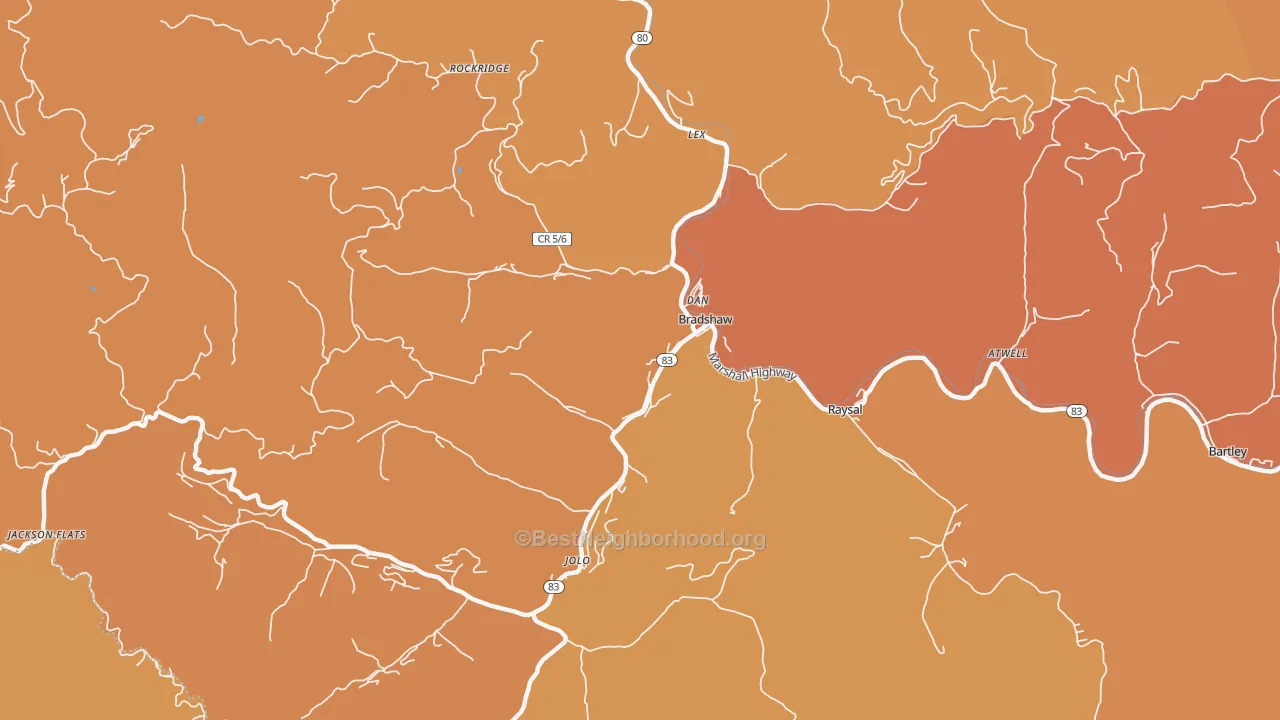 Map of the best neighborhoods in the Bradshaw area, with better matches in green and worse matches in red