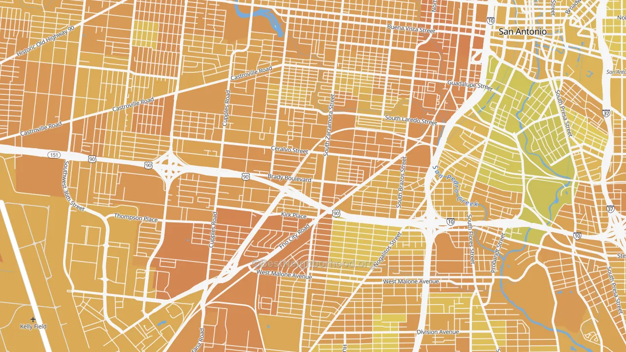 Map of the best neighborhoods in the Brady Gardens, San Antonio area, with better matches in green and worse matches in red