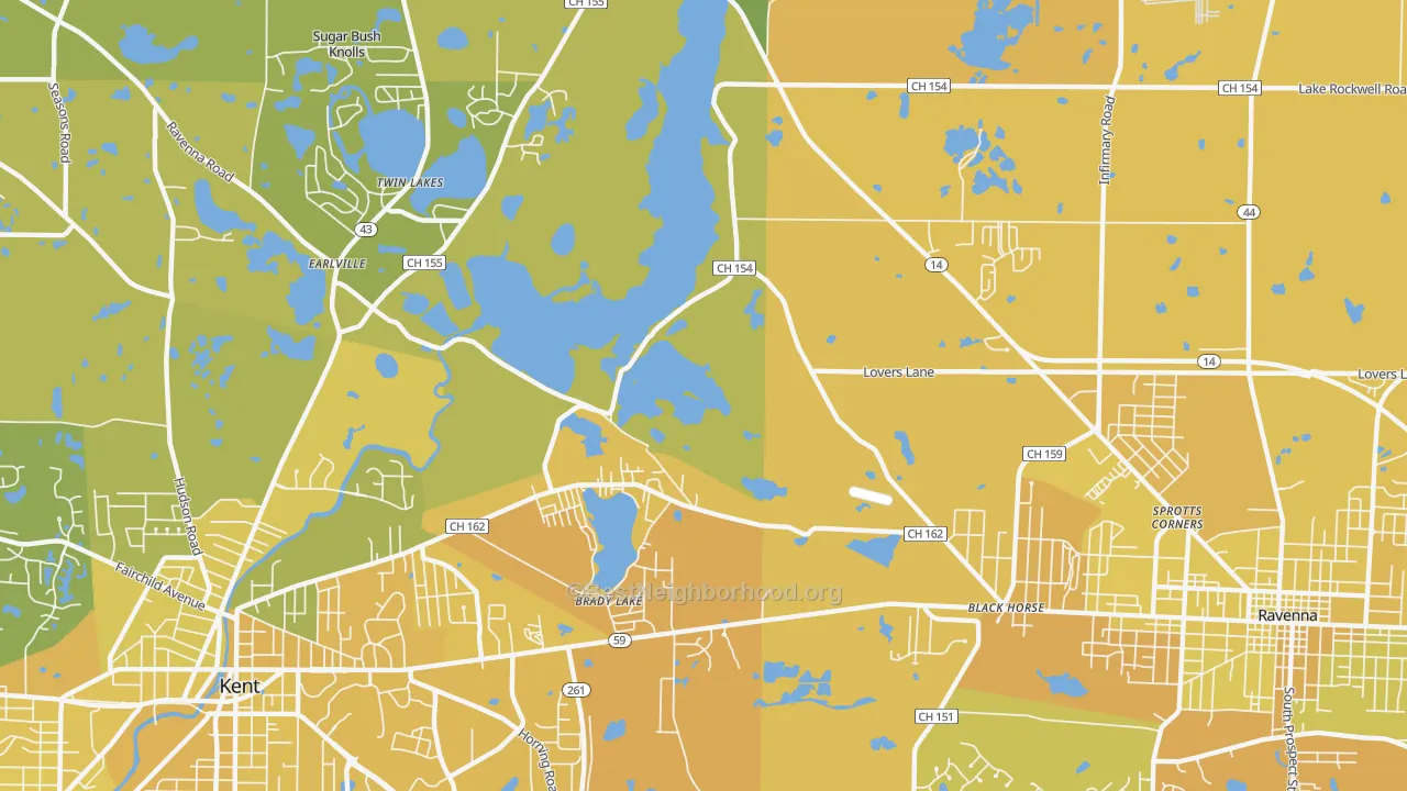 Map of the best neighborhoods in the Brady Lake area, with better matches in green and worse matches in red