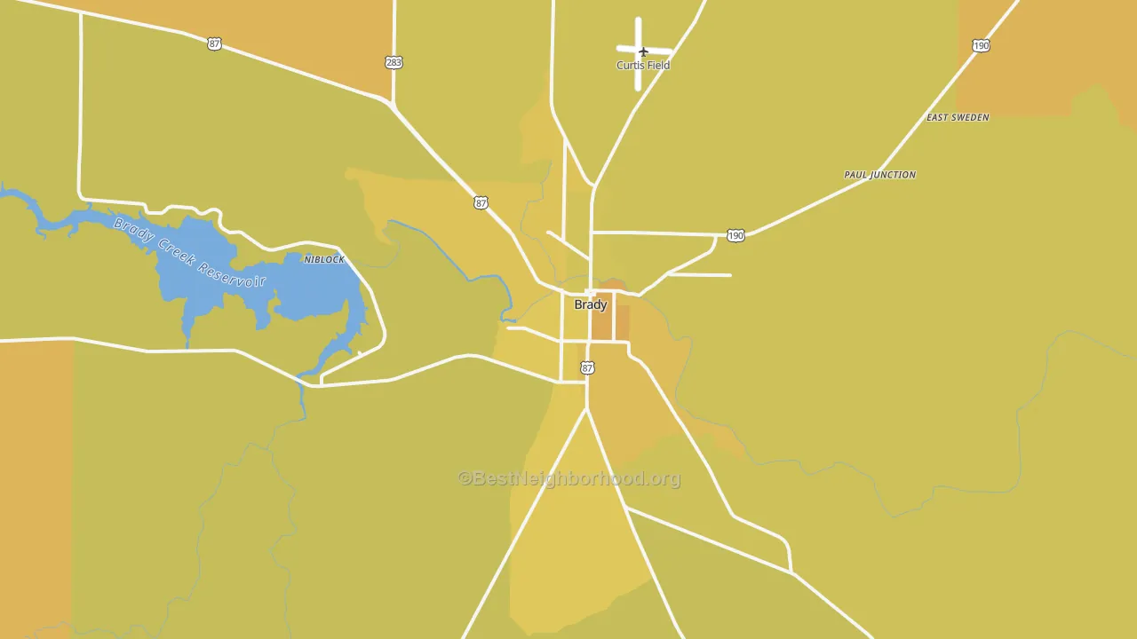 Map of the best neighborhoods in the Brady area, with better matches in green and worse matches in red