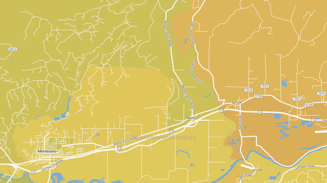 Map of the best neighborhoods in the Brady area, with better matches in green and worse matches in red