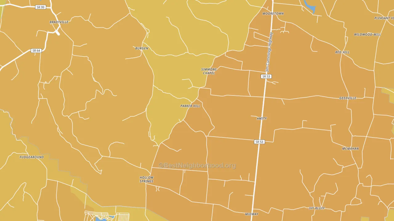 Map of the best neighborhoods in the Bradyville area, with better matches in green and worse matches in red