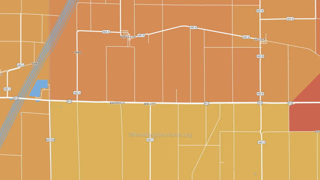 Map of the best neighborhoods in the Bragg City area, with better matches in green and worse matches in red
