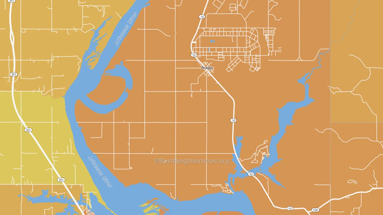 Map of the best neighborhoods in the Braggs area, with better matches in green and worse matches in red