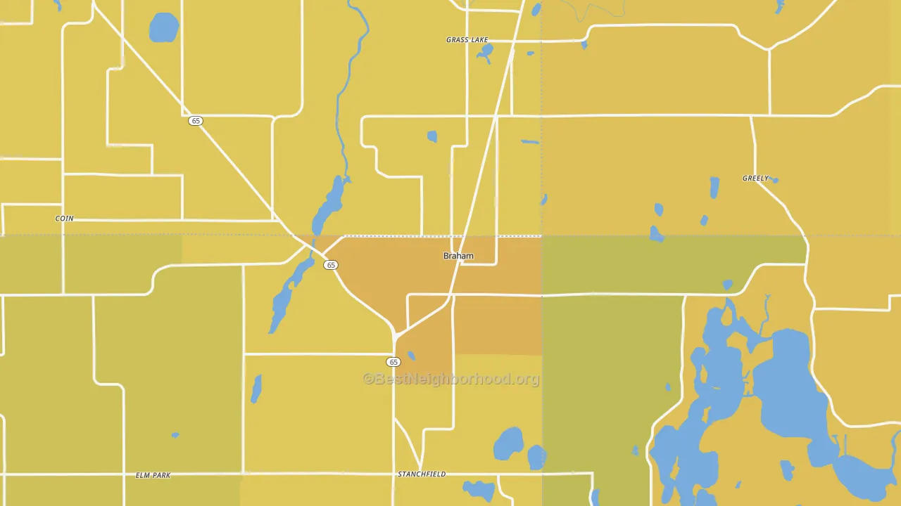 Map of the best neighborhoods in the Braham area, with better matches in green and worse matches in red