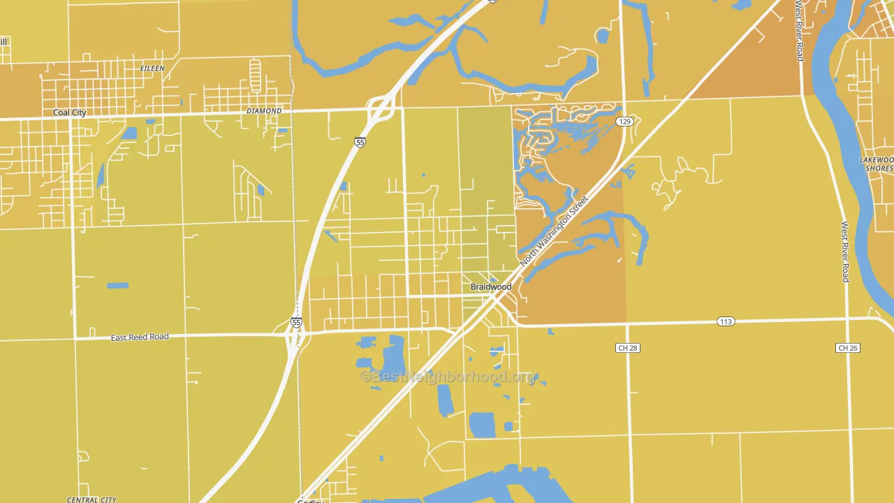Map of the best neighborhoods in the Braidwood area, with better matches in green and worse matches in red