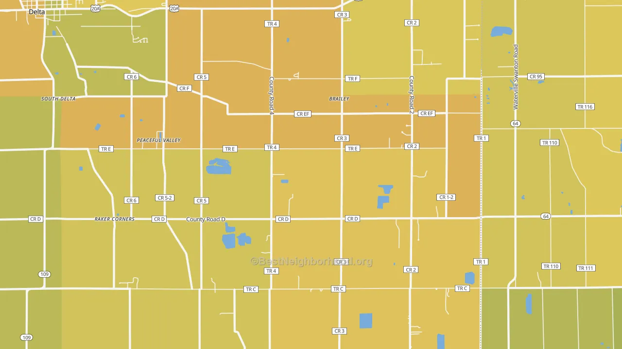 Map of the best neighborhoods in the Brailey area, with better matches in green and worse matches in red