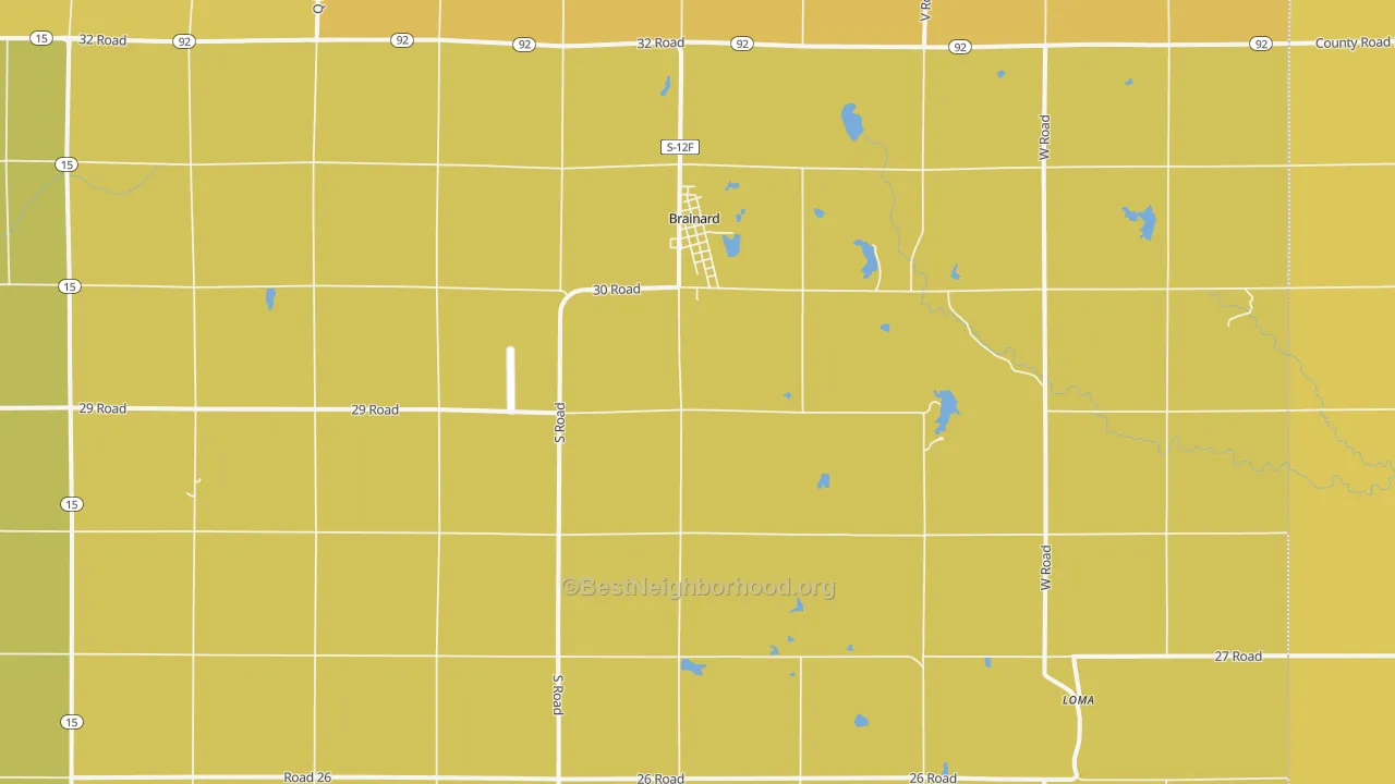 Map of the best neighborhoods in the Brainard area, with better matches in green and worse matches in red