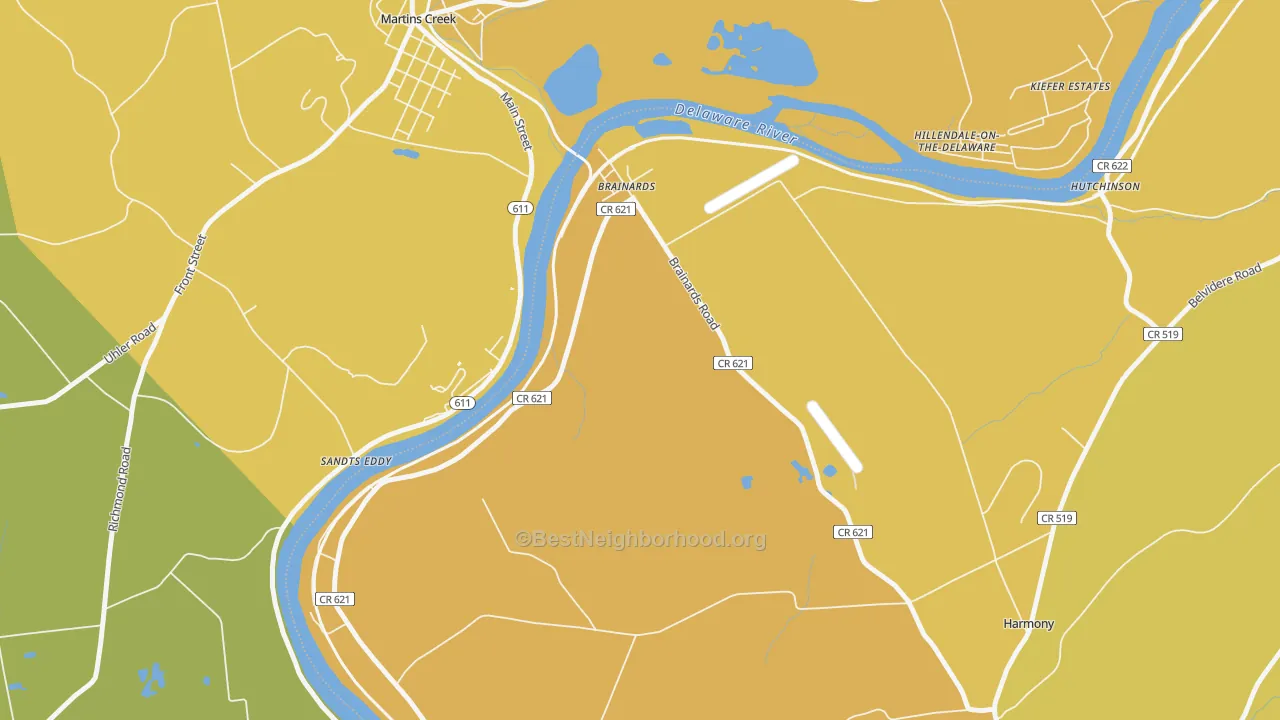 Map of the best neighborhoods in the Brainards area, with better matches in green and worse matches in red