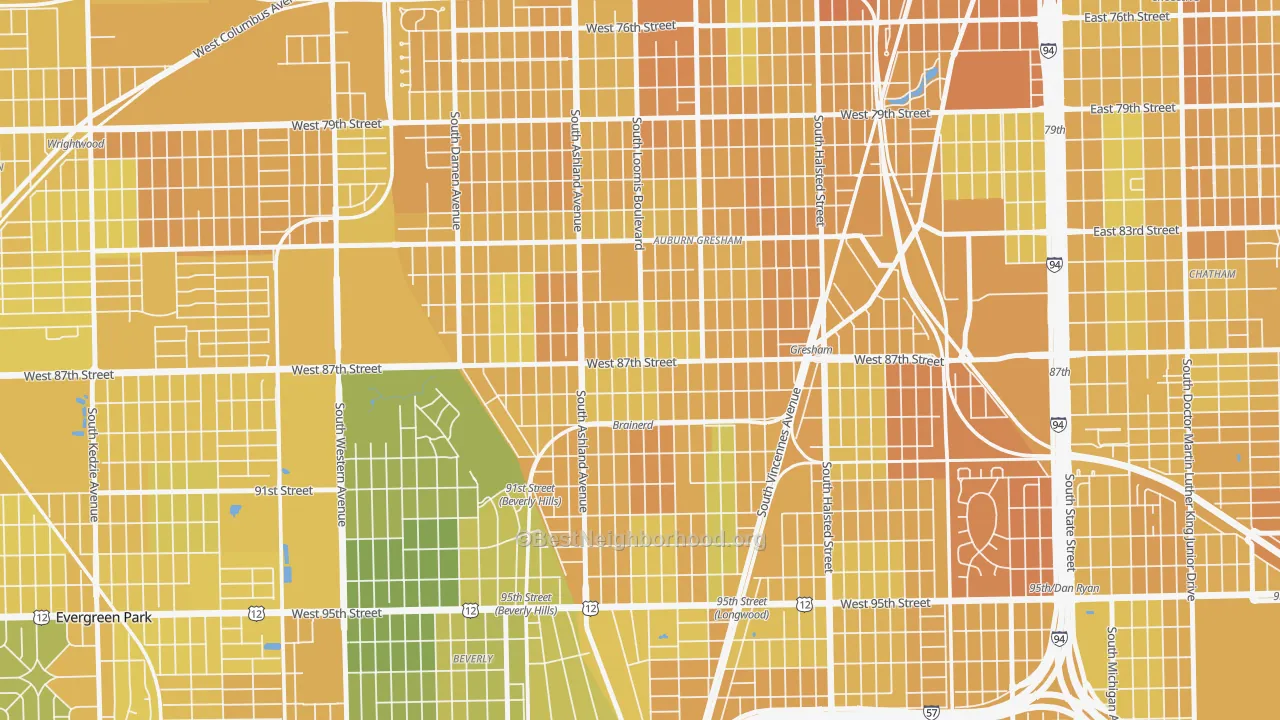 Map of the best neighborhoods in the Brainerd, Chicago area, with better matches in green and worse matches in red
